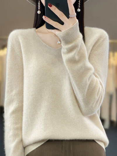 Women Autumn Casual Pure Color V-Neck Wool Sweater