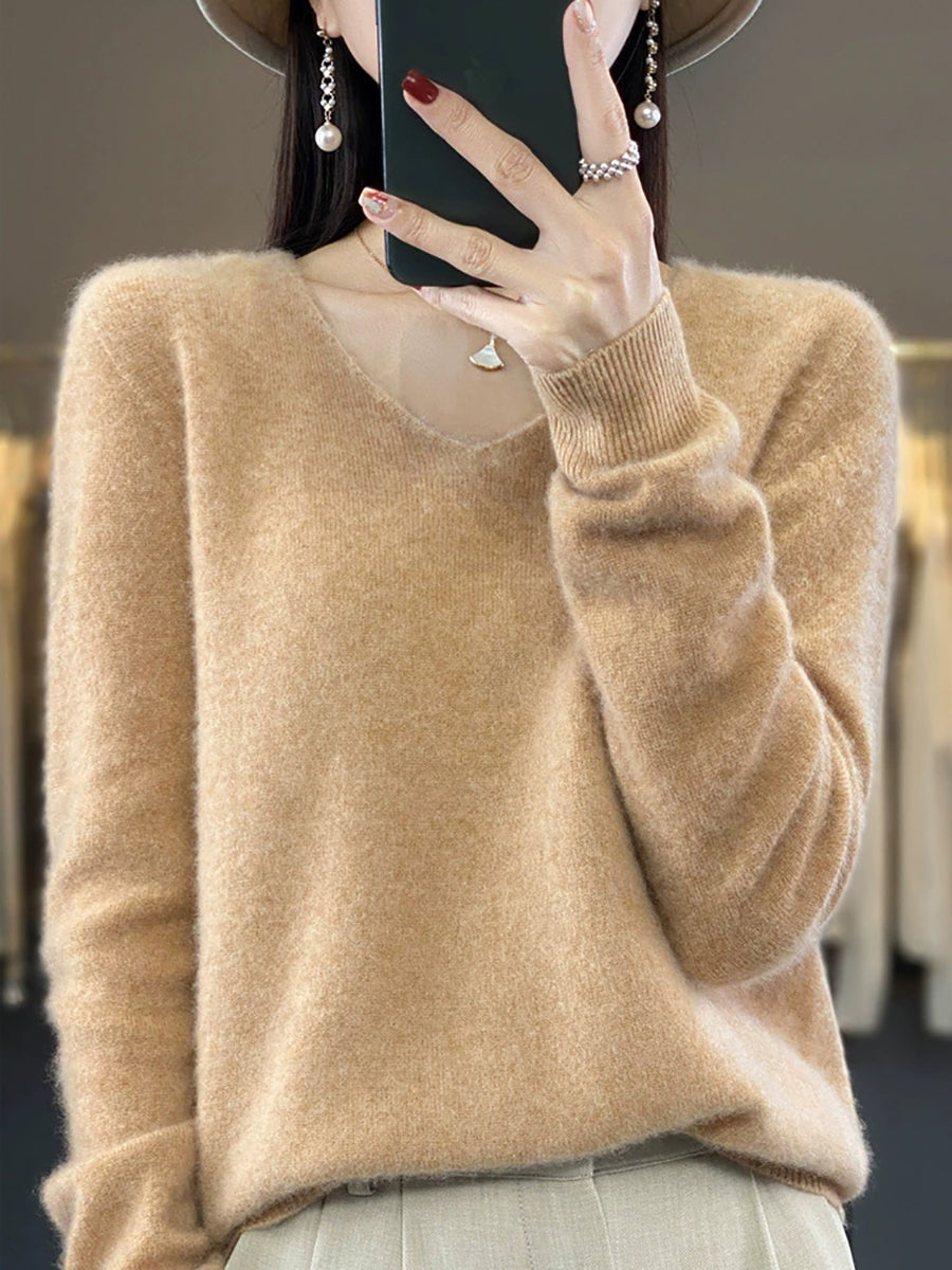 Women Autumn Casual Pure Color V-Neck Wool Sweater