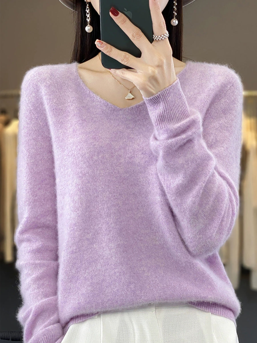 Women Autumn Casual Pure Color V-Neck Wool Sweater