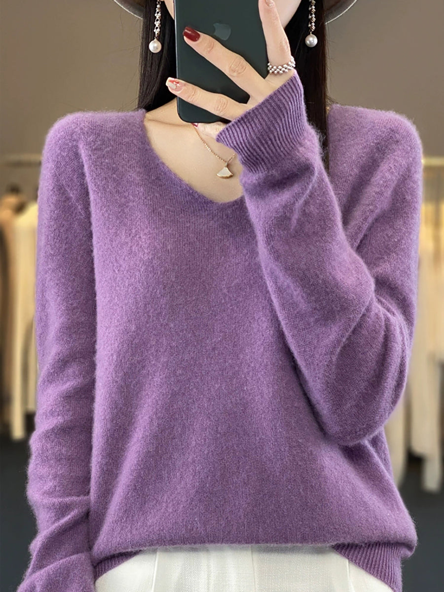 Women Autumn Casual Pure Color V-Neck Wool Sweater