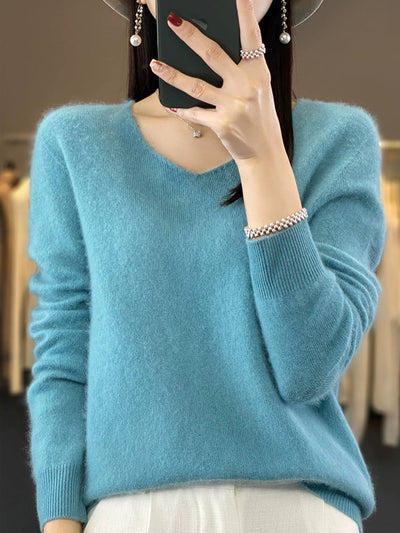 Women Autumn Casual Pure Color V-Neck Wool Sweater