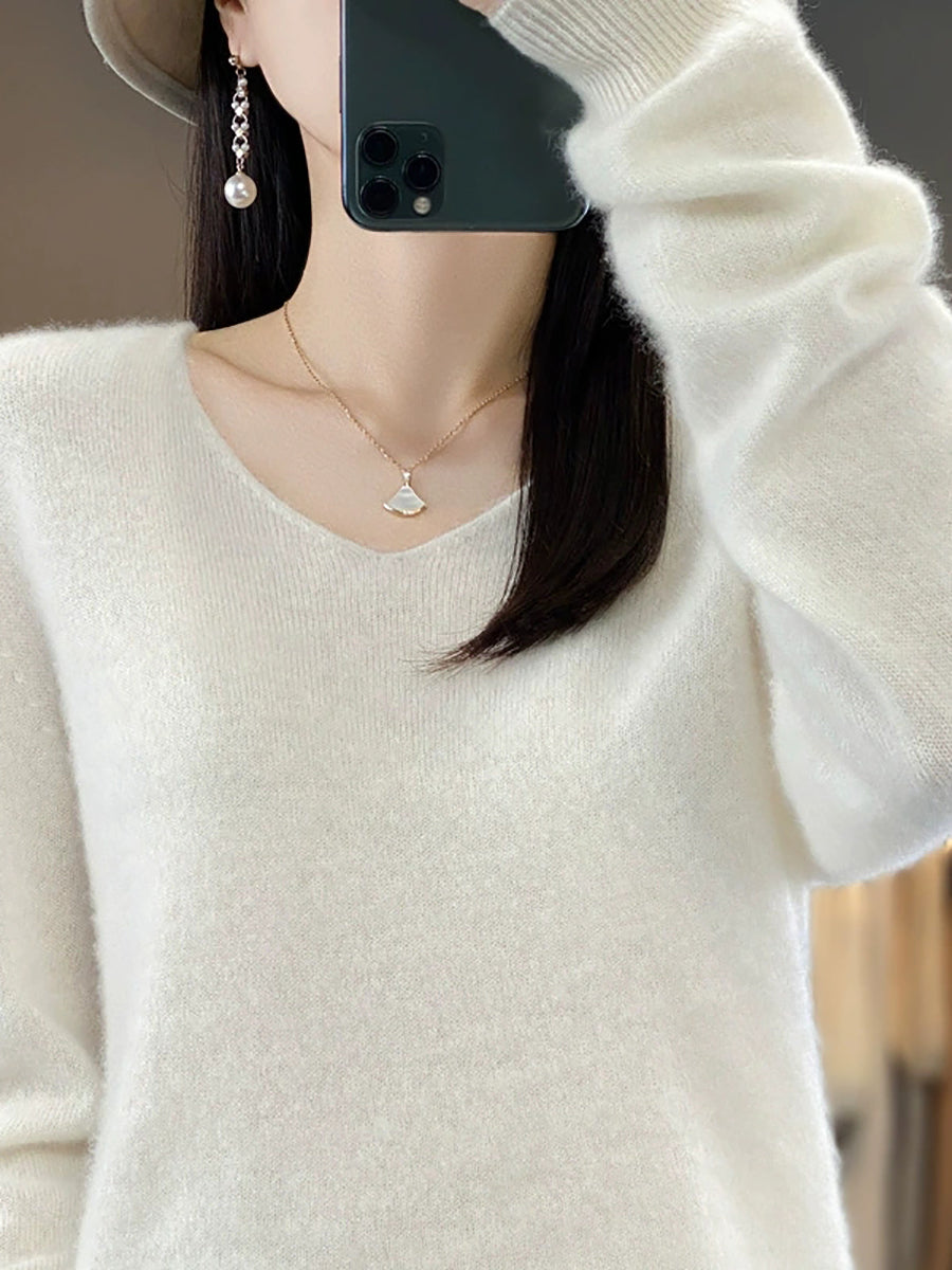 Women Autumn Casual Pure Color V-Neck Wool Sweater