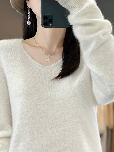 Women Autumn Casual Pure Color V-Neck Wool Sweater