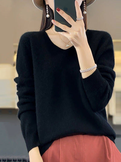 Women Autumn Casual Pure Color V-Neck Wool Sweater