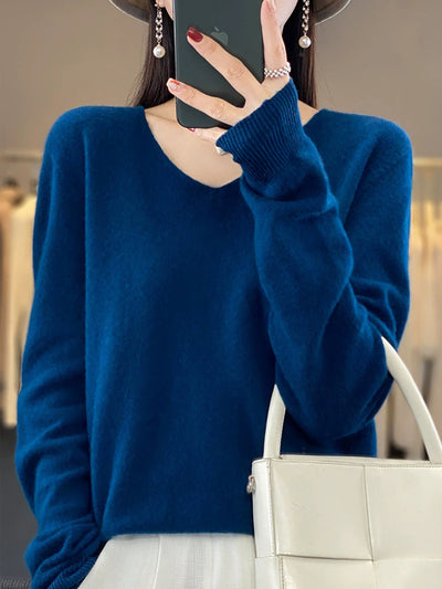 Women Autumn Casual Pure Color V-Neck Wool Sweater