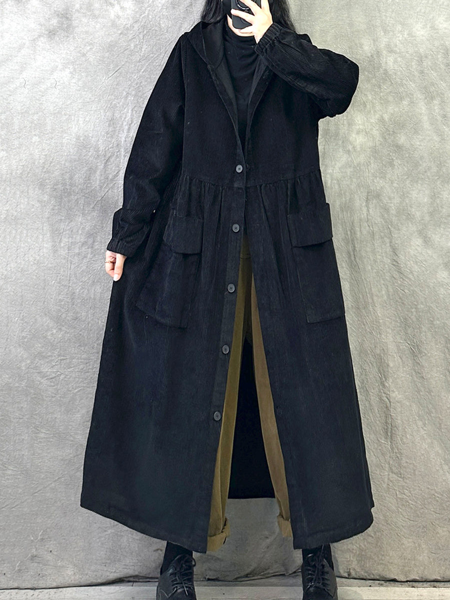 Plus SizeWomen Retro Autumn Pure Color Hooded Corduroy Coat