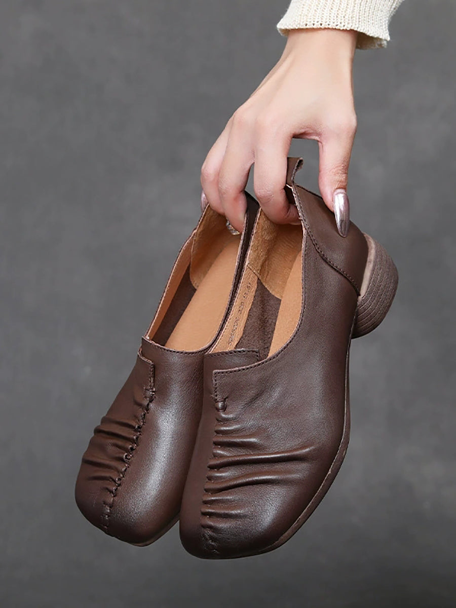 Women Vintage Genuine Leather Spliced Mid Heel Shoes