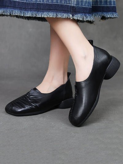 Women Vintage Genuine Leather Spliced Mid Heel Shoes