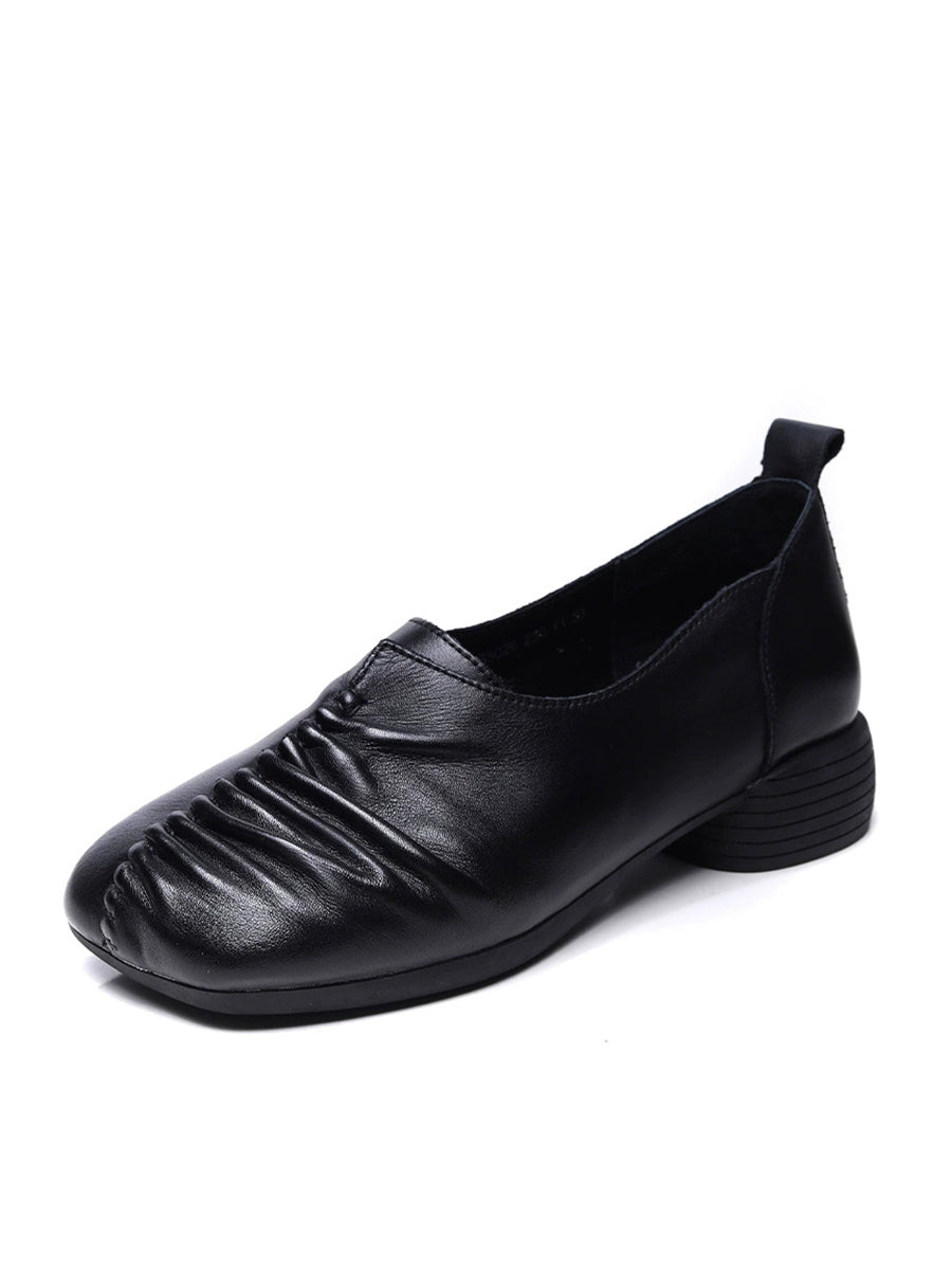 Women Vintage Genuine Leather Spliced Mid Heel Shoes