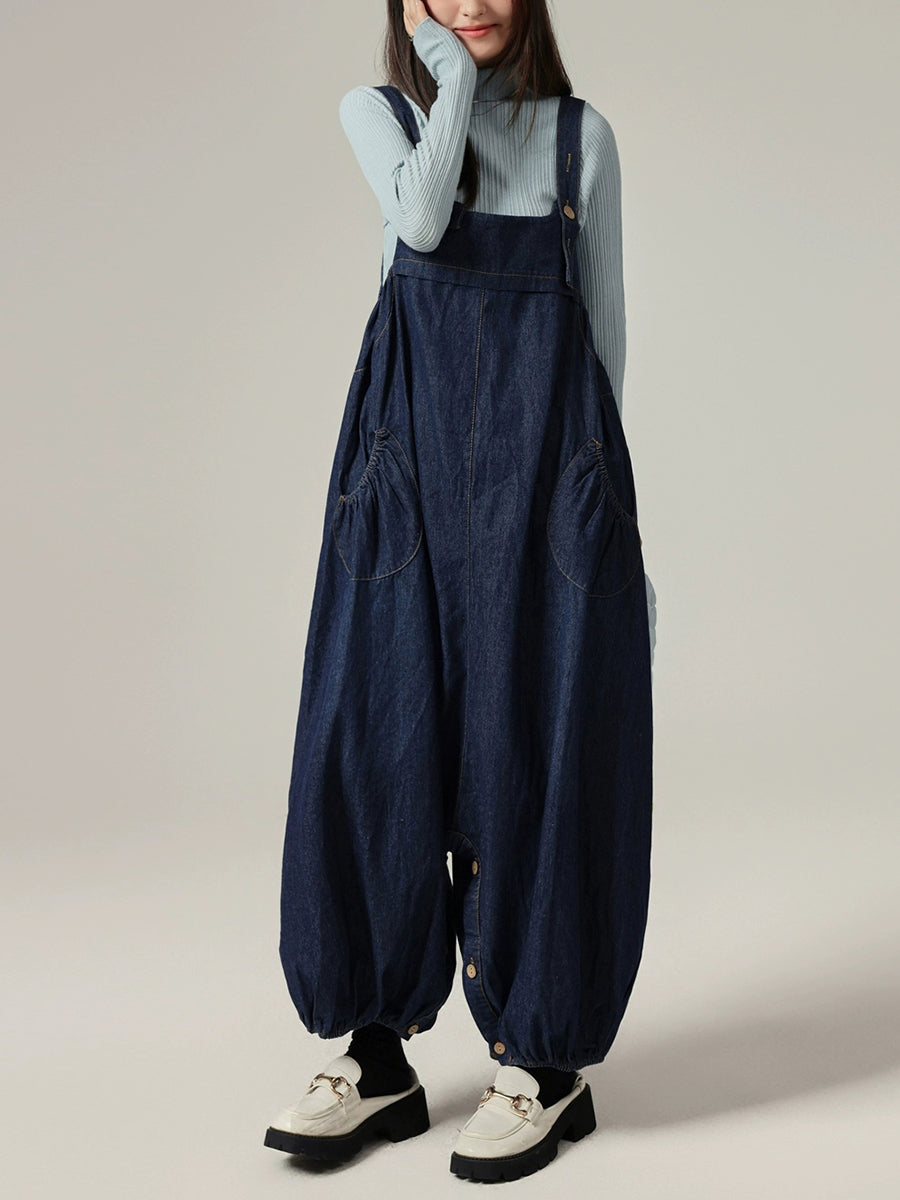 Women Autumn Casual Pure Color Denim Wide-leg Jumpsuits