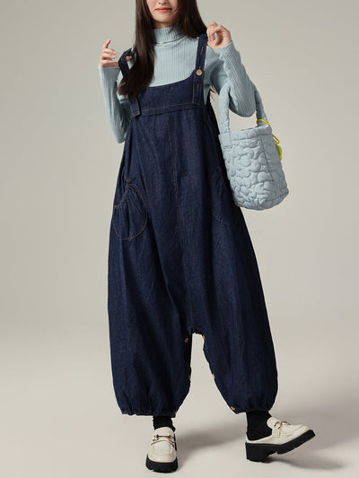 Women Autumn Casual Pure Color Denim Wide-leg Jumpsuits