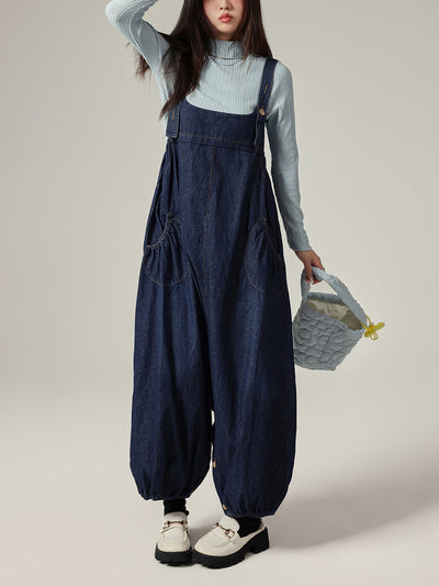 Women Autumn Casual Pure Color Denim Wide-leg Jumpsuits
