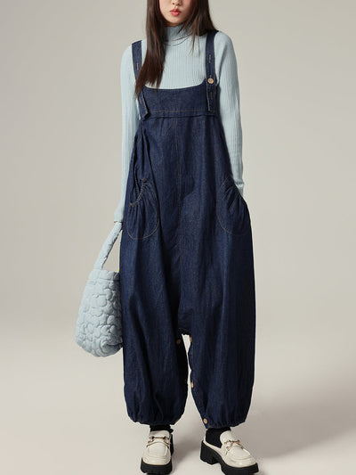 Women Autumn Casual Pure Color Denim Wide-leg Jumpsuits