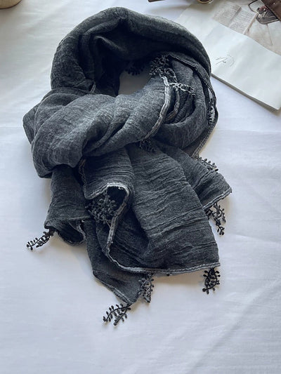 Women Artsy Pure Color Lace Spliced Shawl Scarf