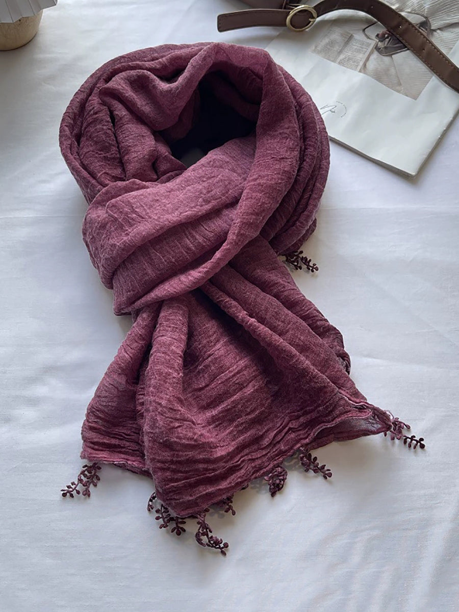 Women Artsy Pure Color Lace Spliced Shawl Scarf