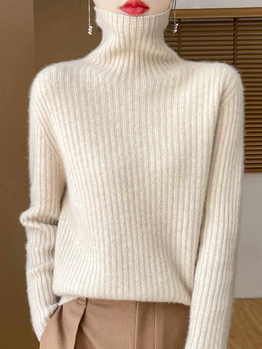 Women Autumn Casual Pure Color Knitted Turtleneck Sweater