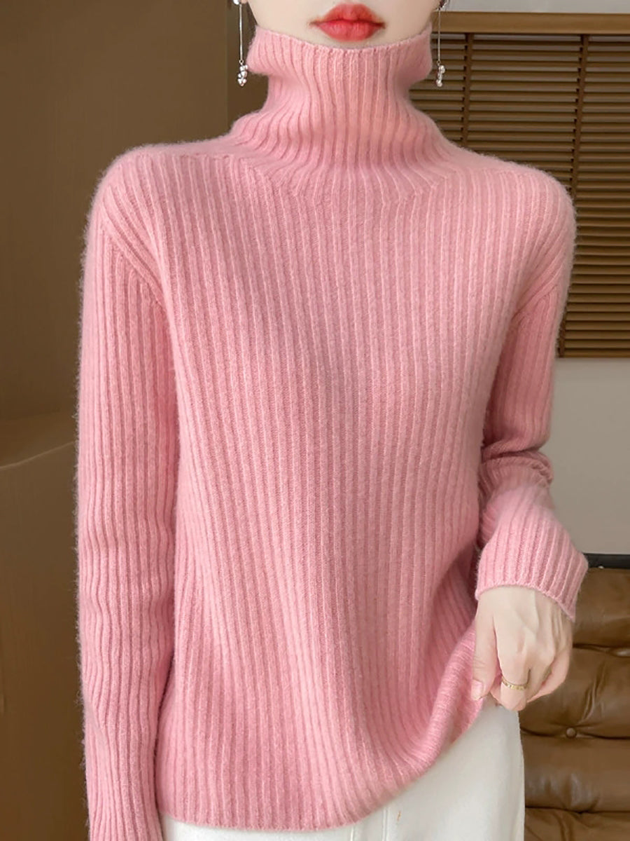 Women Autumn Casual Pure Color Knitted Turtleneck Sweater