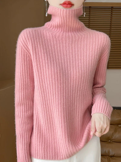 Women Autumn Casual Pure Color Knitted Turtleneck Sweater
