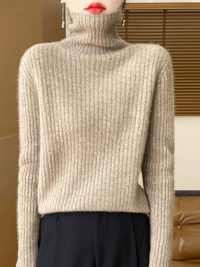 Women Autumn Casual Pure Color Knitted Turtleneck Sweater