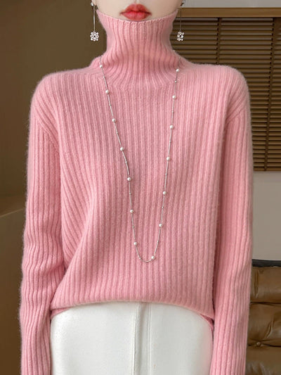Women Autumn Casual Pure Color Knitted Turtleneck Sweater