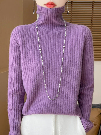 Women Autumn Casual Pure Color Knitted Turtleneck Sweater