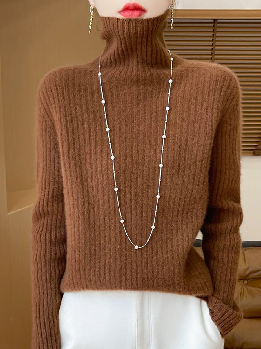 Women Autumn Casual Pure Color Knitted Turtleneck Sweater
