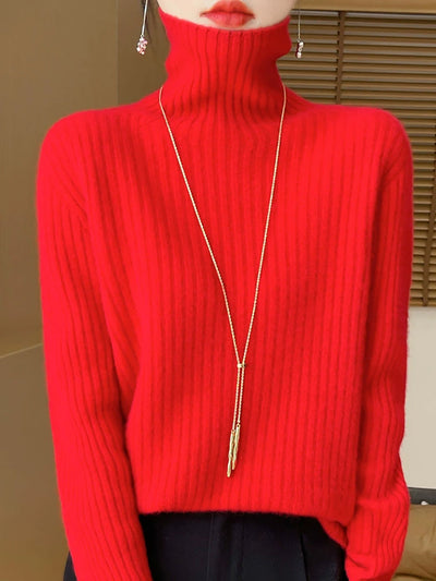 Women Autumn Casual Pure Color Knitted Turtleneck Sweater