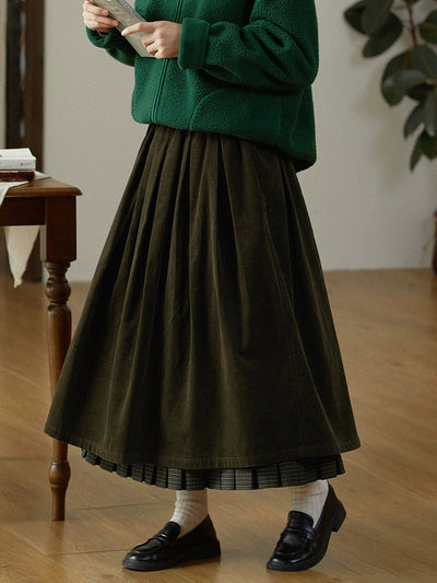 Plus Size Women Autumn Retro Plaid Spliced 100%Cotton Skirt