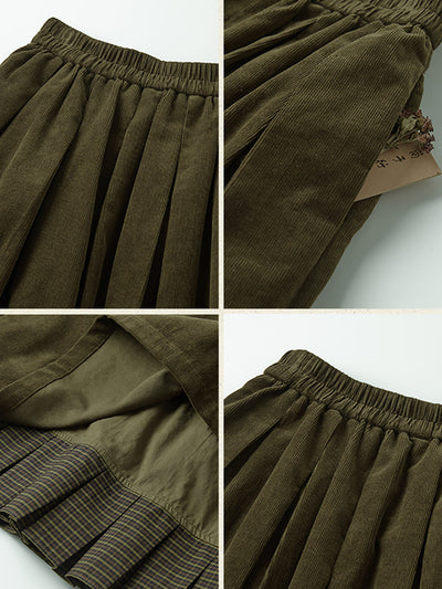 Plus Size Women Autumn Retro Plaid Spliced 100%Cotton Skirt