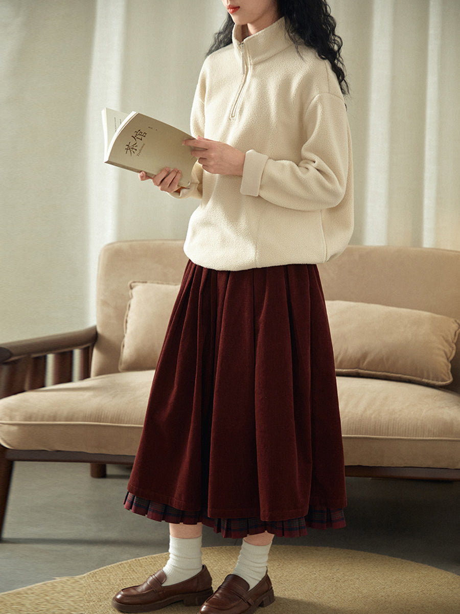 Plus Size Women Autumn Retro Plaid Spliced 100%Cotton Skirt