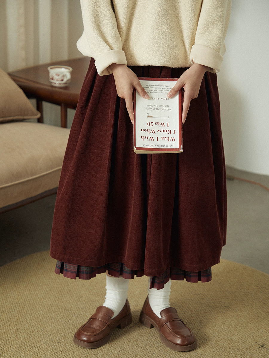 Plus Size Women Autumn Retro Plaid Spliced 100%Cotton Skirt