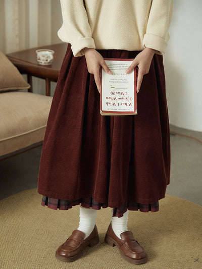 Plus Size Women Autumn Retro Plaid Spliced 100%Cotton Skirt