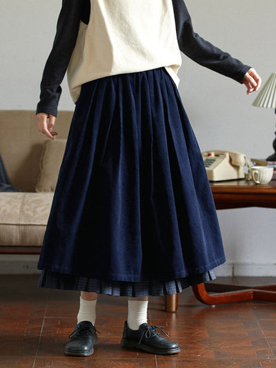 Plus Size Women Autumn Retro Plaid Spliced 100%Cotton Skirt