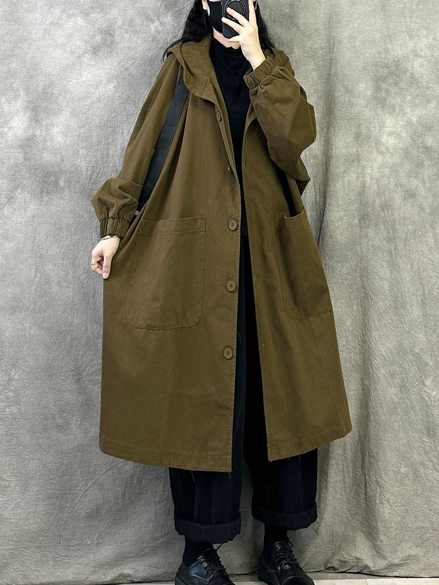 Plus Size Women Autumn Pure Color Long Cotton Hooded Coat