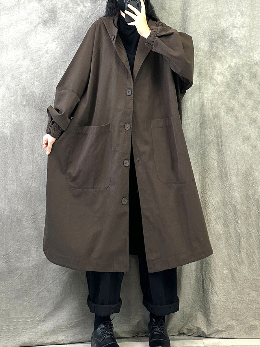 Plus Size Women Autumn Pure Color Long Cotton Hooded Coat