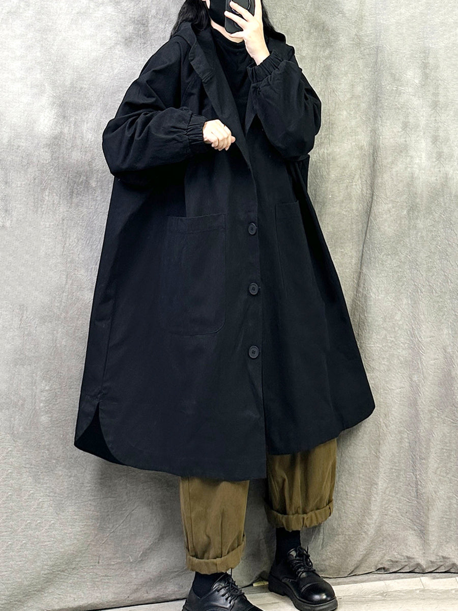 Plus Size Women Autumn Pure Color Long Cotton Hooded Coat