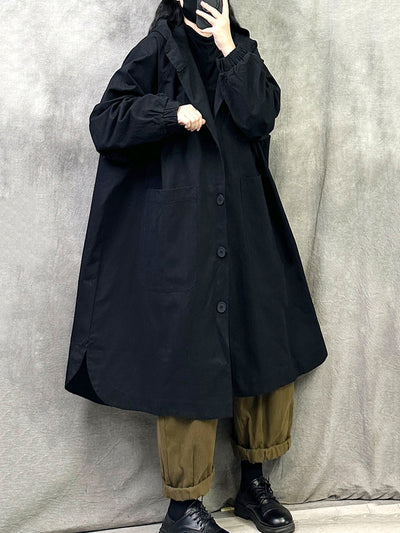 Plus Size Women Autumn Pure Color Long Cotton Hooded Coat
