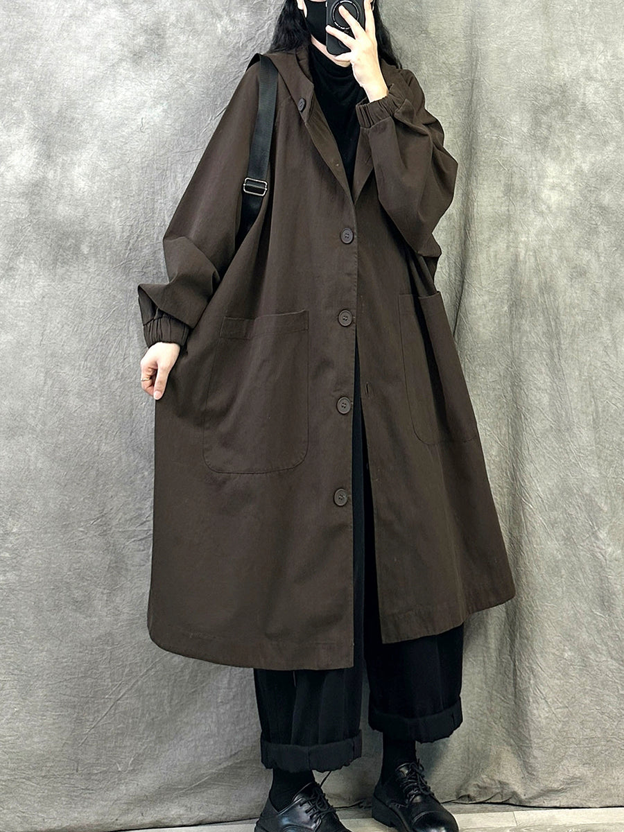 Plus Size Women Autumn Pure Color Long Cotton Hooded Coat