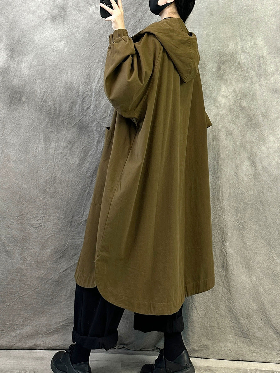 Plus Size Women Autumn Pure Color Long Cotton Hooded Coat