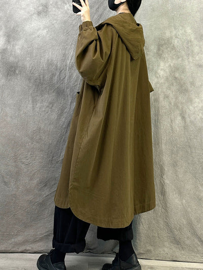 Plus Size Women Autumn Pure Color Long Cotton Hooded Coat