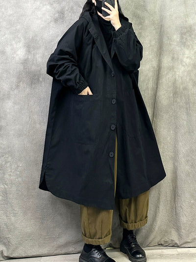 Plus Size Women Autumn Pure Color Long Cotton Hooded Coat