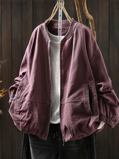 Women Autumn Pure Color 100%Cotton O-Neck Jacket