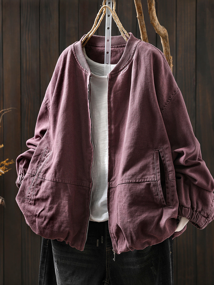 Women Autumn Pure Color 100%Cotton O-Neck Jacket