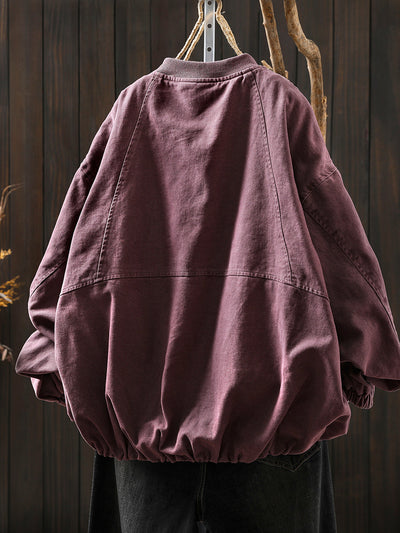 Women Autumn Pure Color 100%Cotton O-Neck Jacket