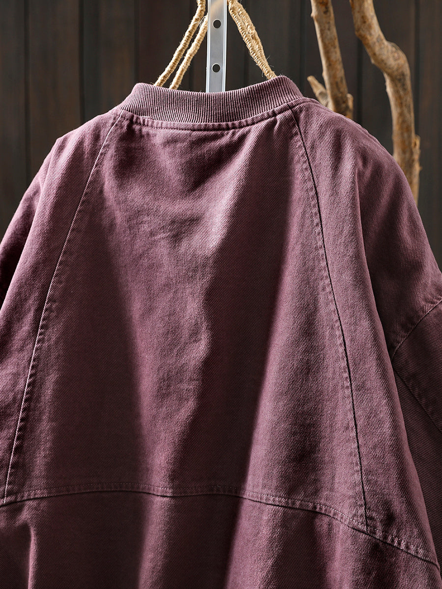 Women Autumn Pure Color 100%Cotton O-Neck Jacket