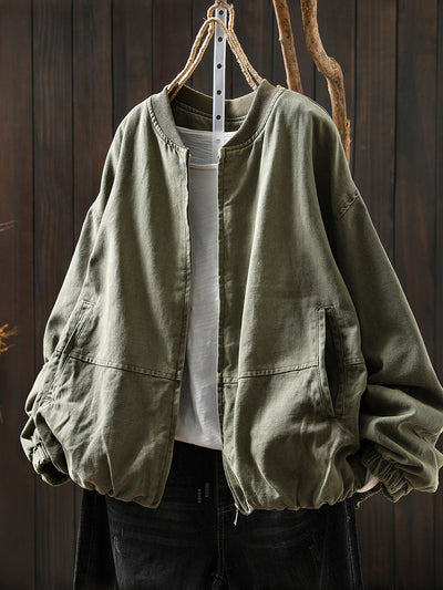 Women Autumn Pure Color 100%Cotton O-Neck Jacket