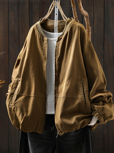 Women Autumn Pure Color 100%Cotton O-Neck Jacket