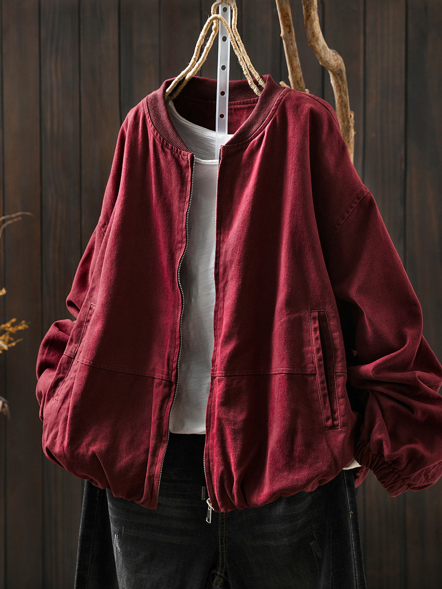 Women Autumn Pure Color 100%Cotton O-Neck Jacket