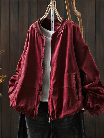 Women Autumn Pure Color 100%Cotton O-Neck Jacket