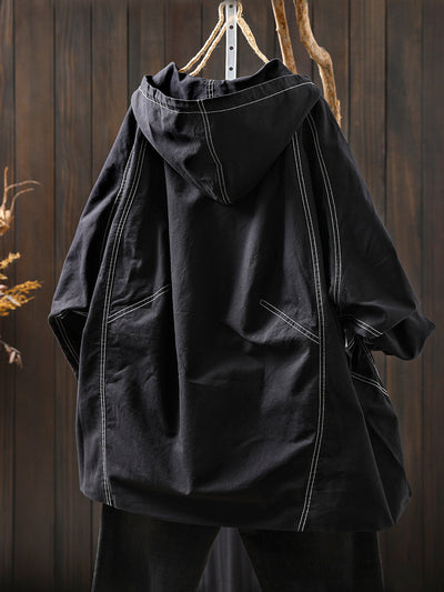 Women Autumn Casual Spliced Windproof Hooded Jacket